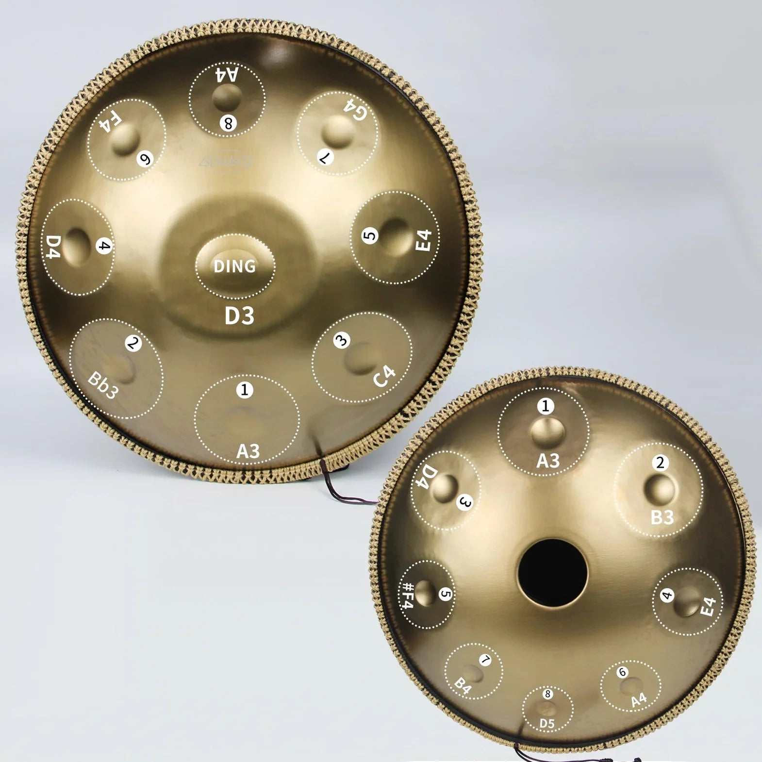 Close-up of handpan note visualization: 17 polished steel tone fields in precise harmonic alignment