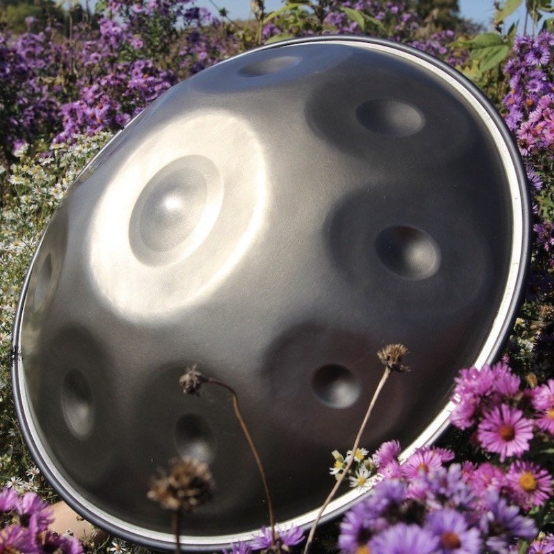 Handpan placed among blooming flowers