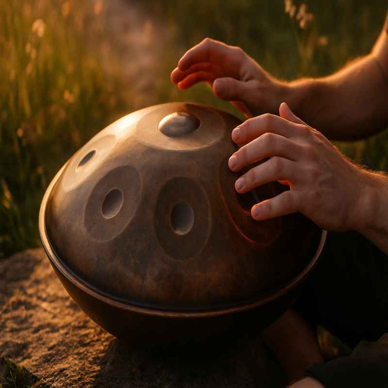 Musician playing handpan drum in a forest during sunset, creating a peaceful and ambient soundscape for meditation and relaxation