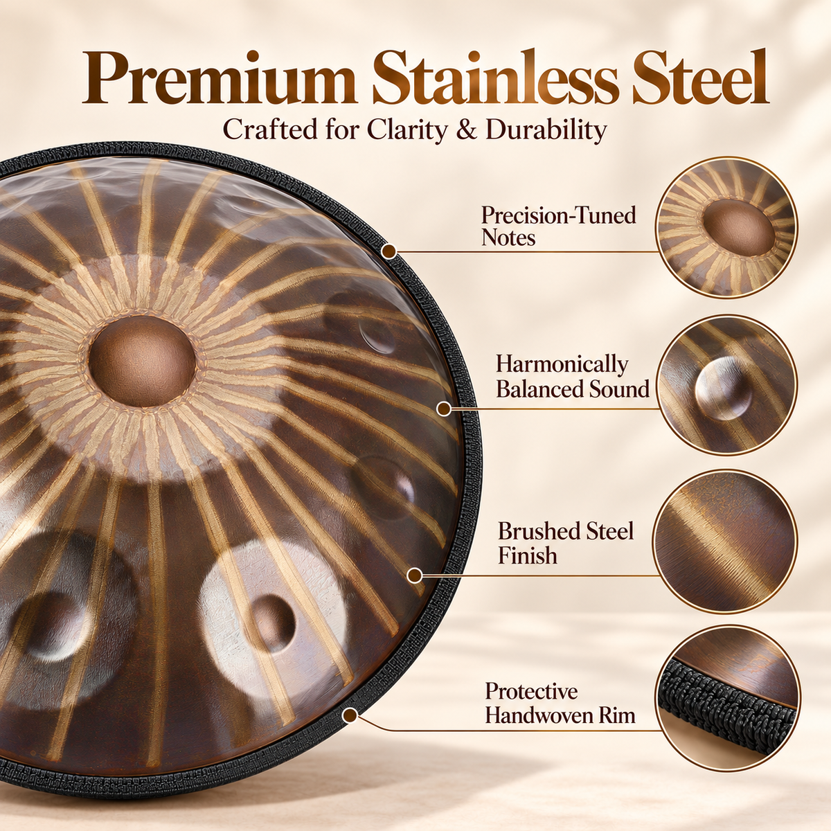 Handpan drum with a luxurious Gold finish and sun totem engravings