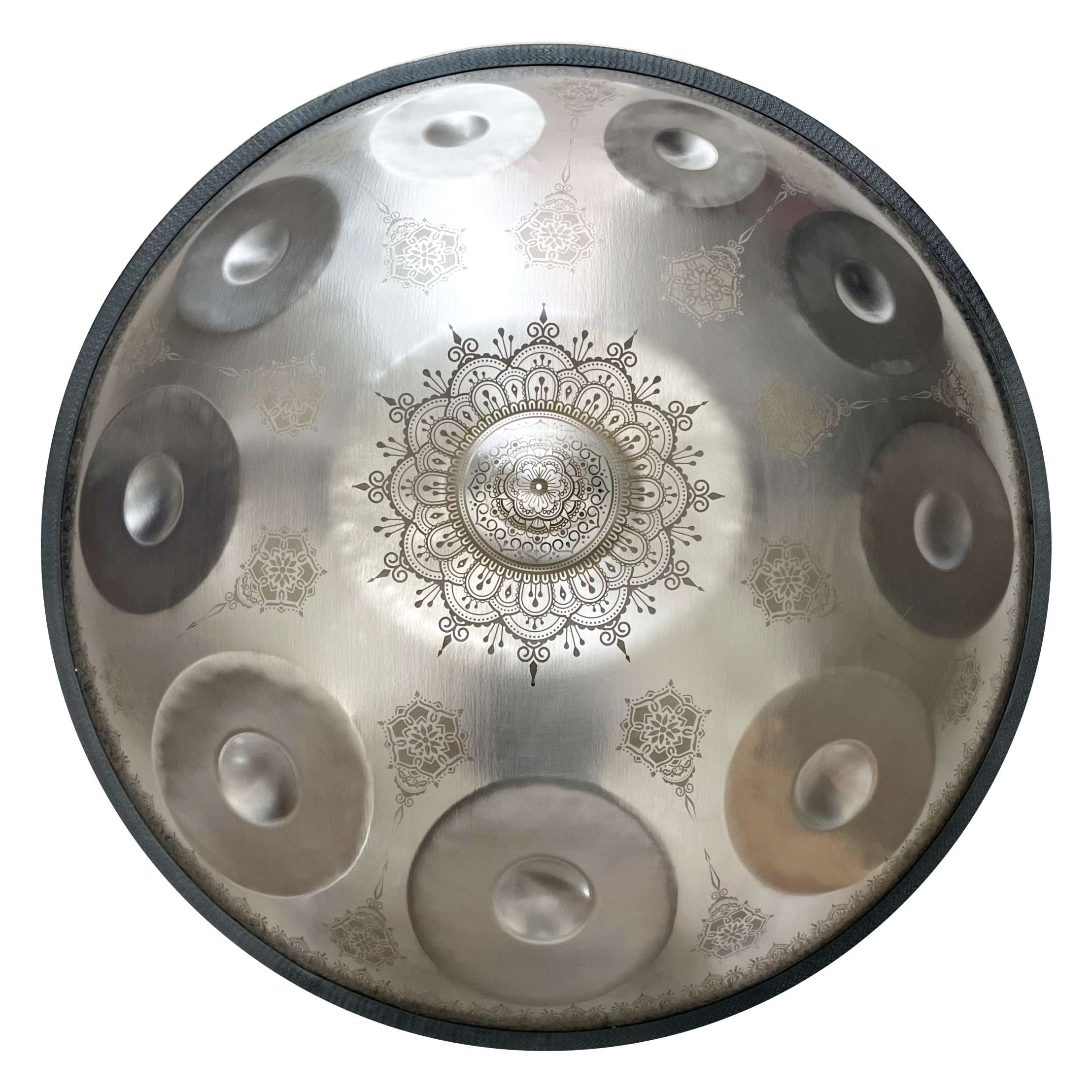 Silver handpan with delicate floral pattern