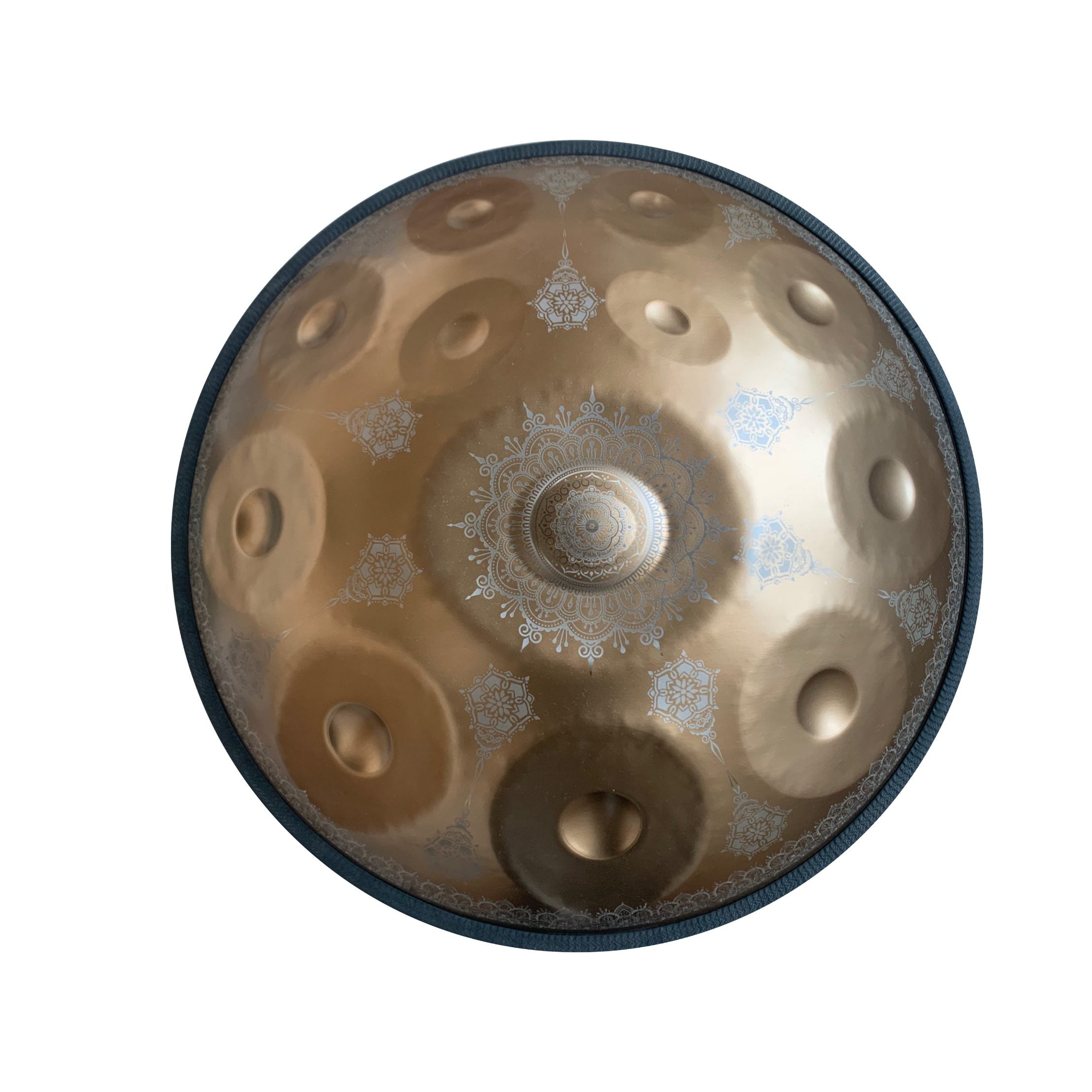 Handpan with a Gold metallic sheen and artistic floral craftsmanship