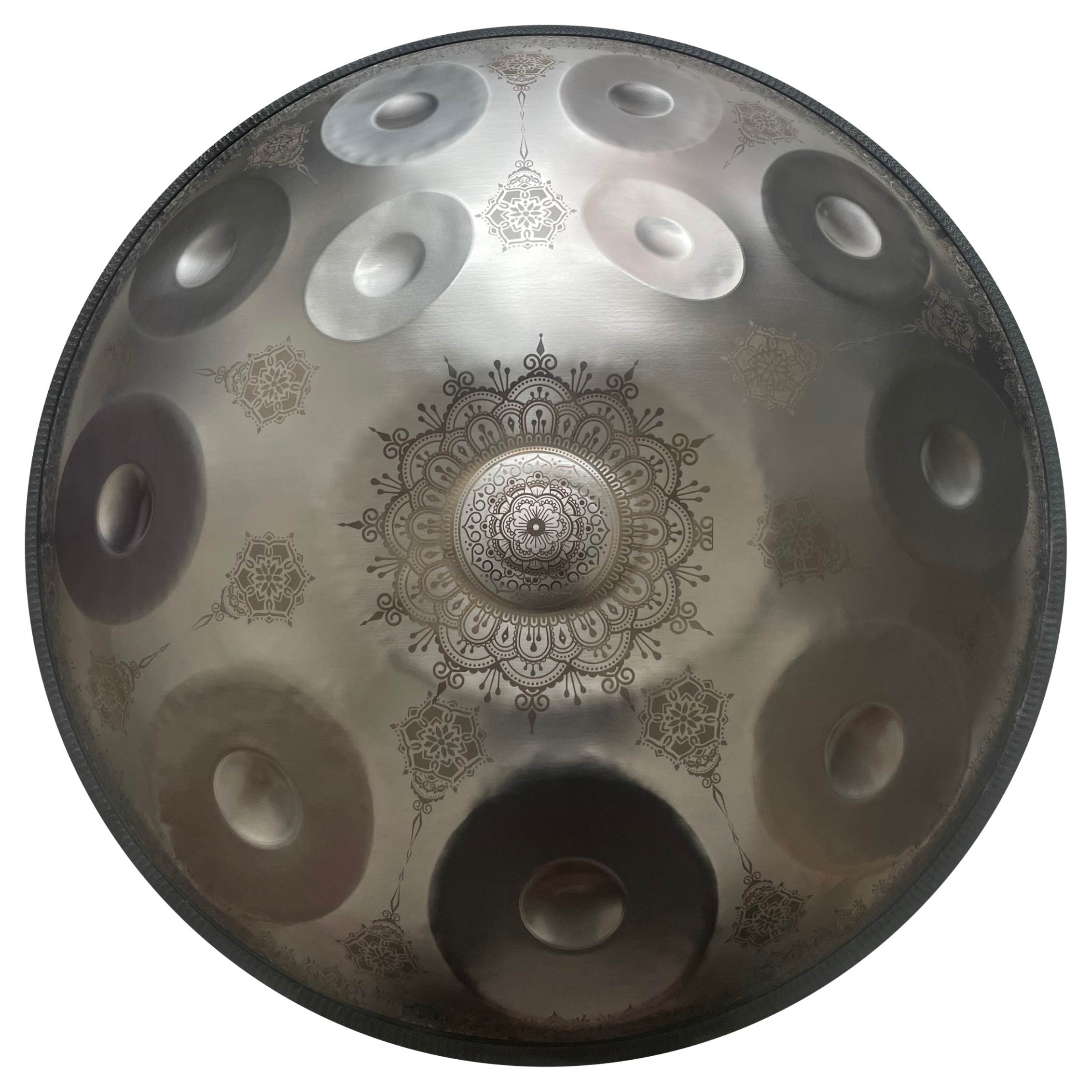 Handpan instrument in stunning Silver color, accented by floral patterns