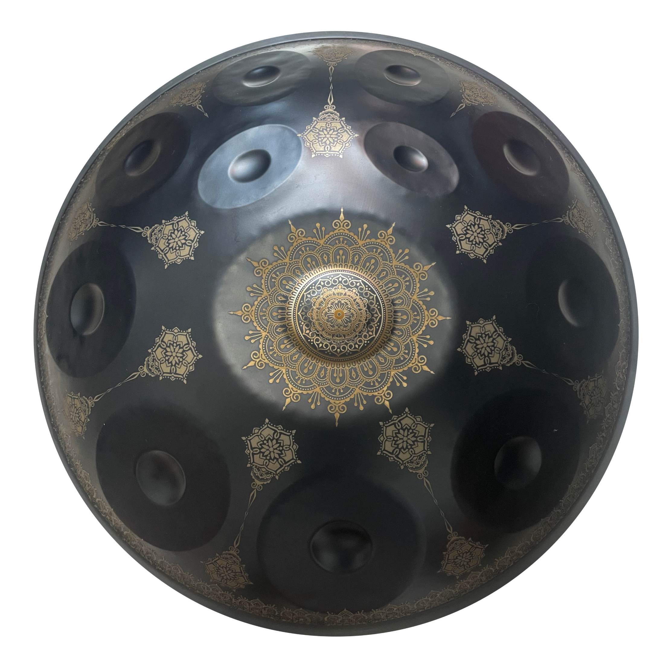Black handpan showcasing circular pattern detail