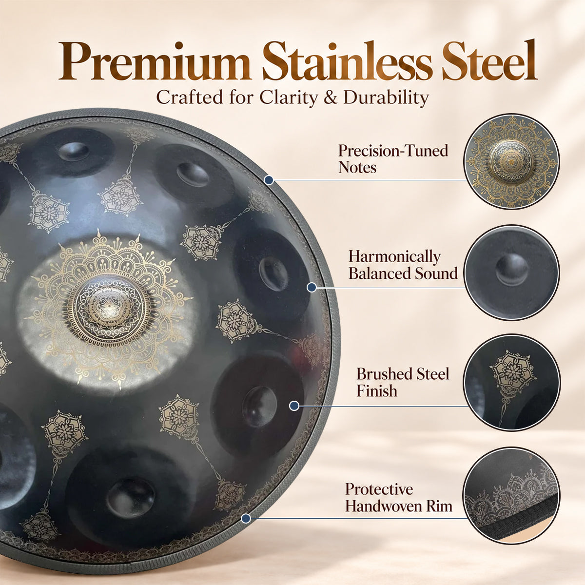 Handpan drum with detailed black pattern work