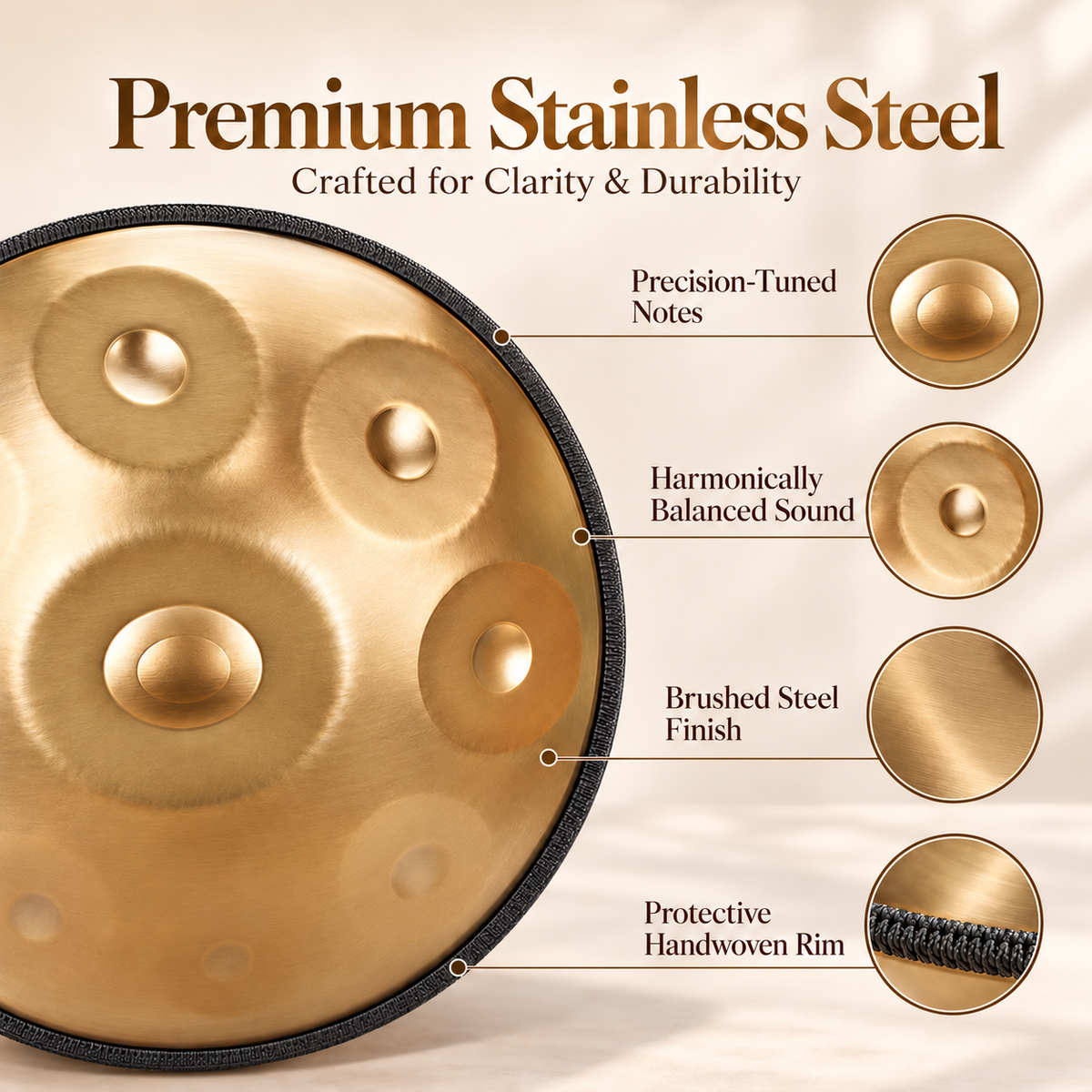 Handpan drum with a luxurious Golden finish