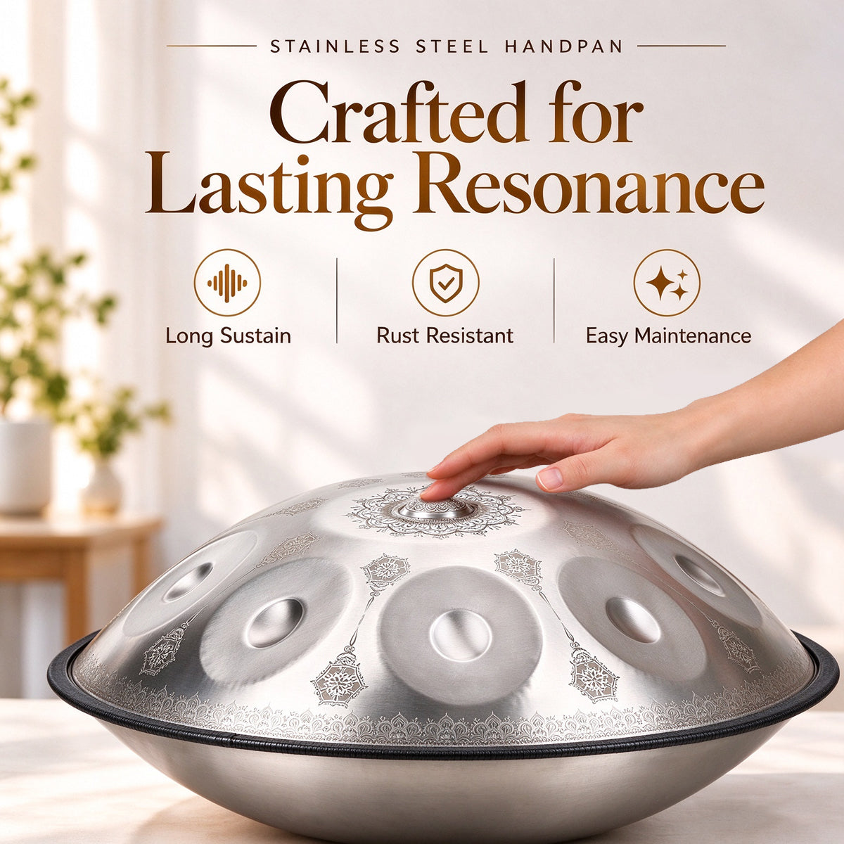 Handpan with a Silver metallic sheen and artistic floral craftsmanship