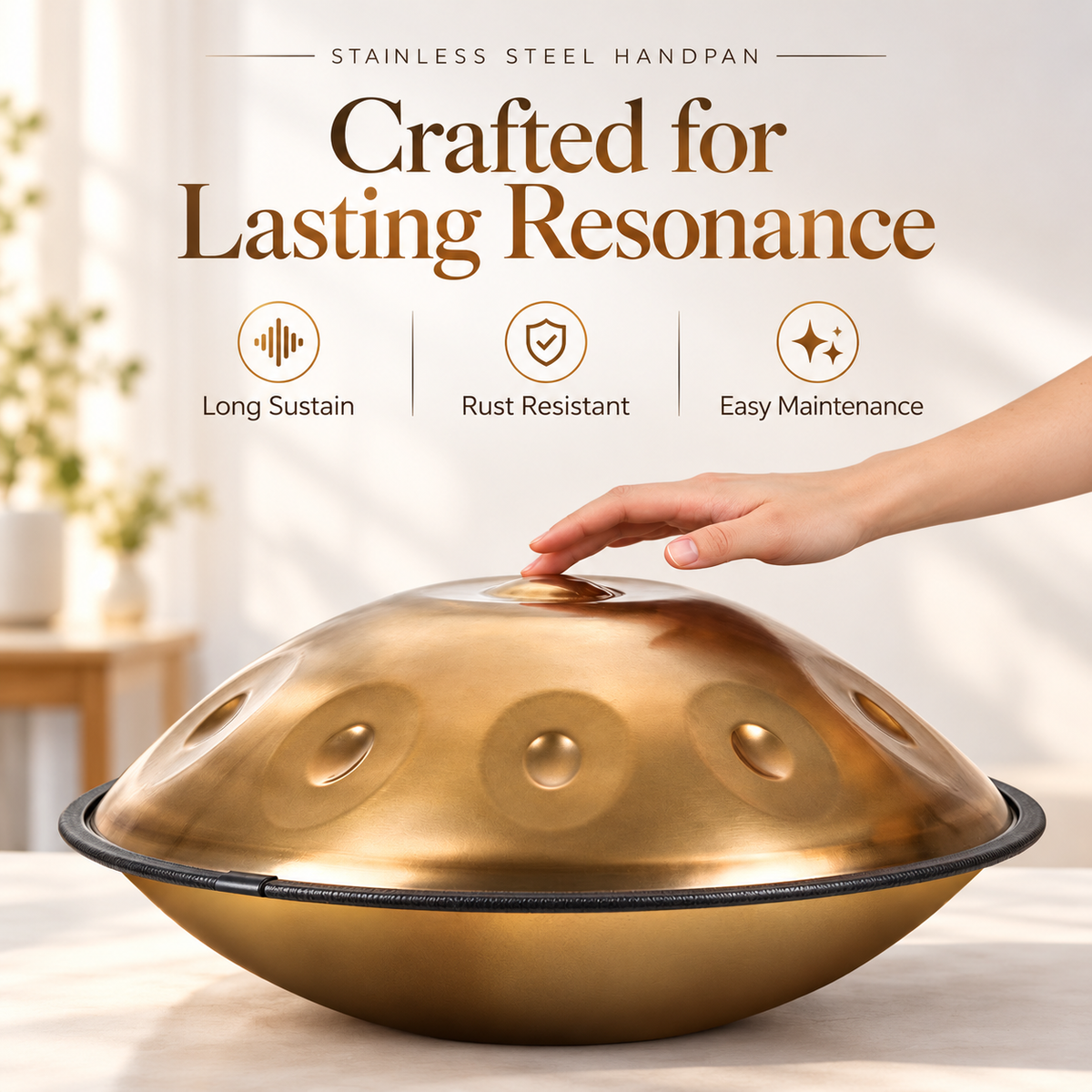 Handpan with a Golden metallic sheen and detailed craftsmanship