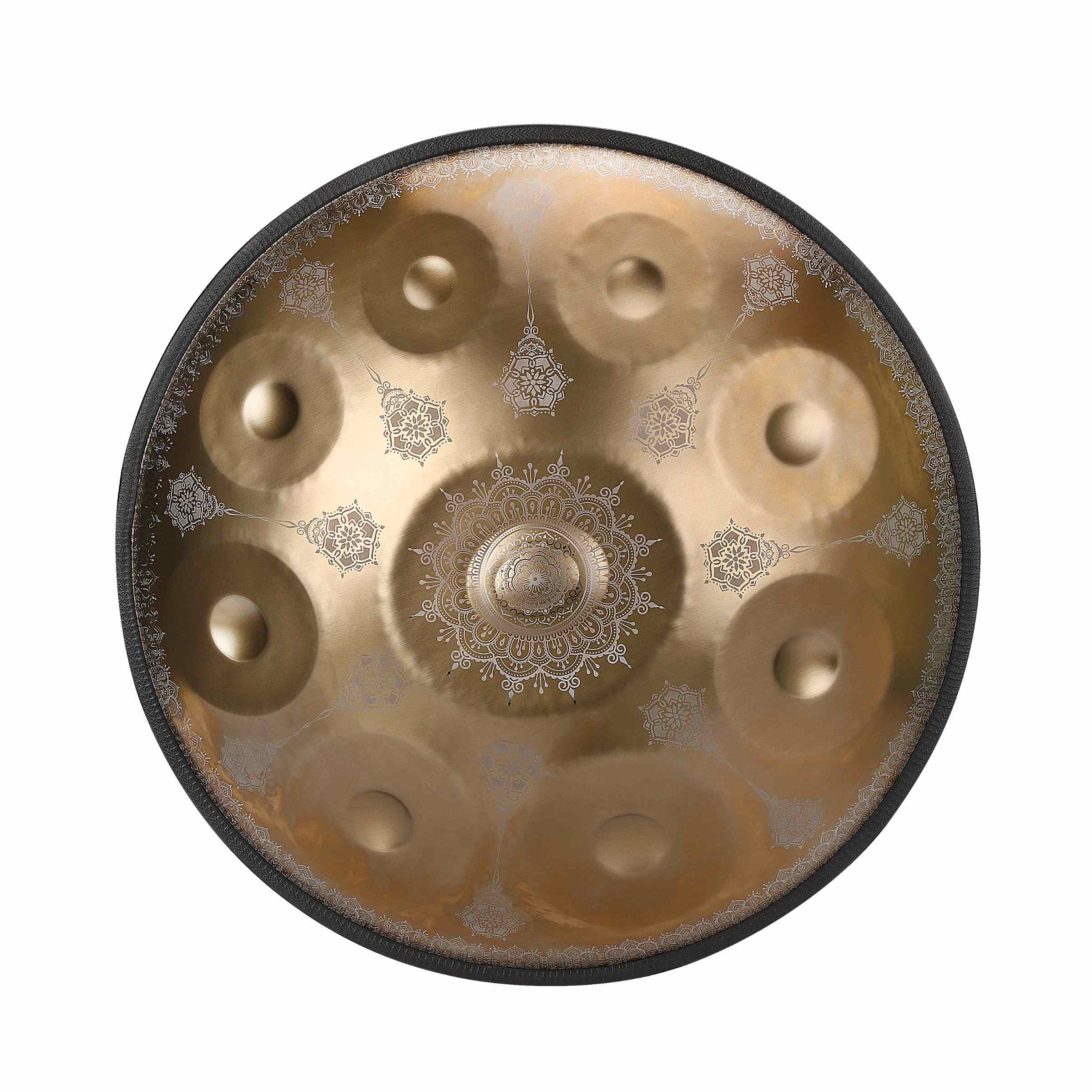 Handpan instrument in stunning Gold color, accented by floral patterns