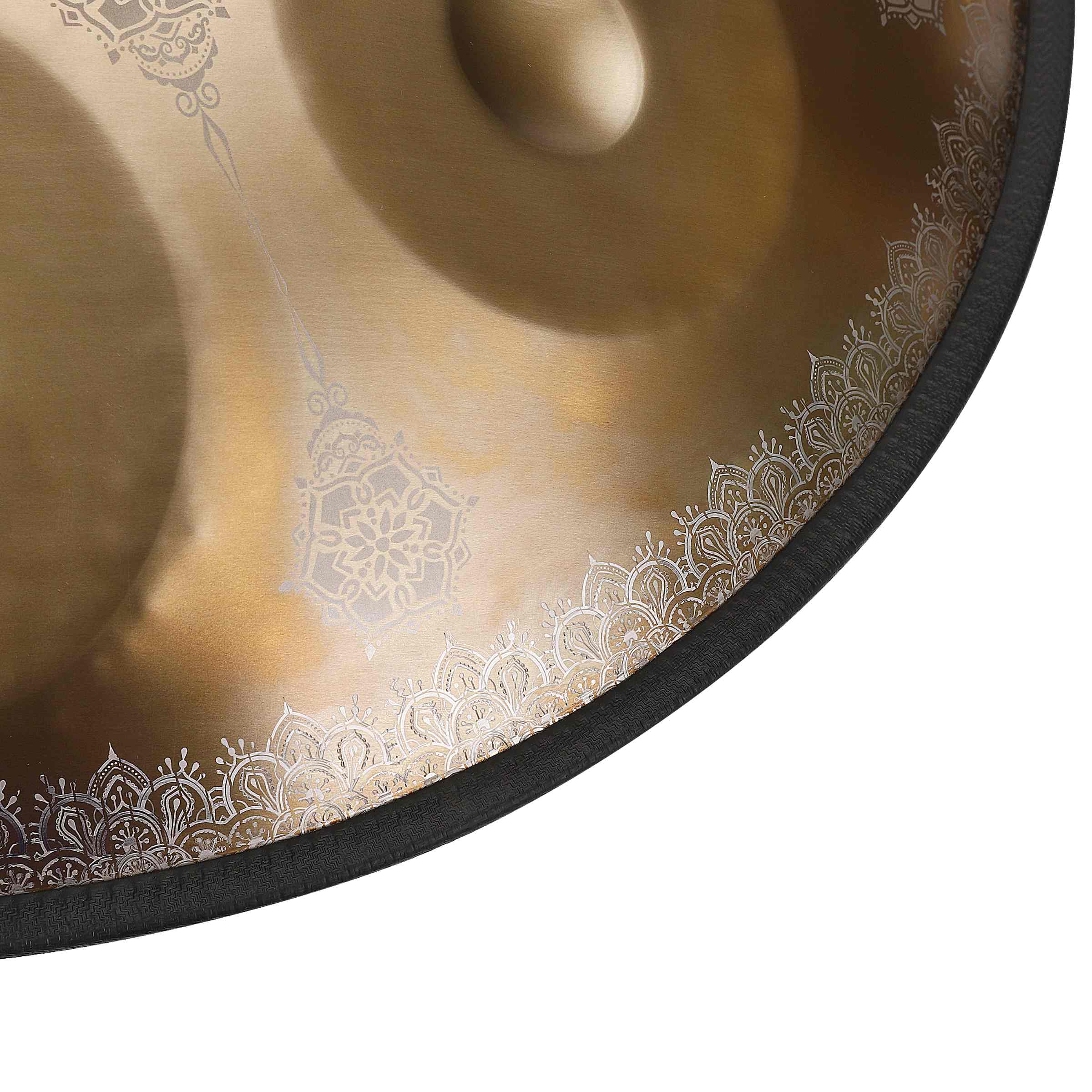 Handpan in radiant Gold hue adorned with delicate floral designs