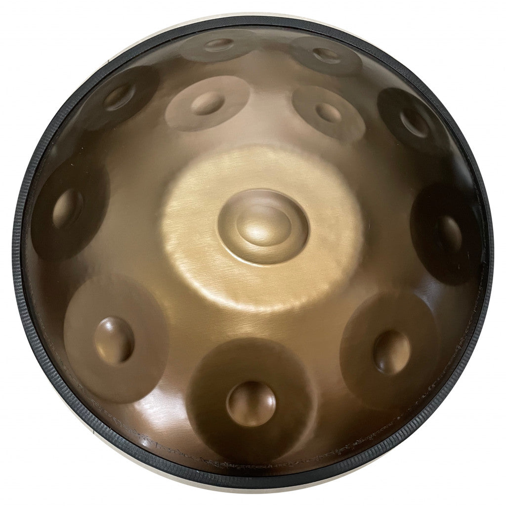 Handpan with radiant Golden tones and metallic accents