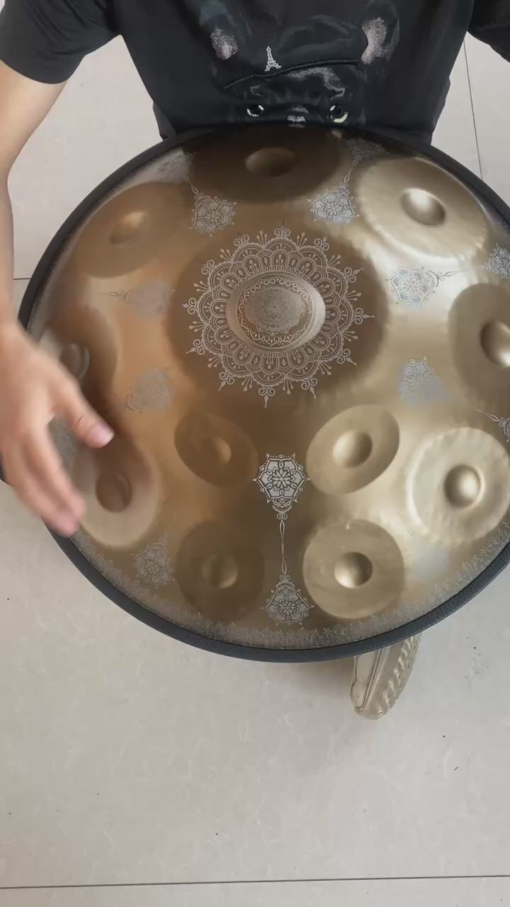 Gold mandala pattern handpan tuning video