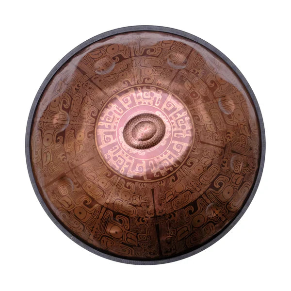 Intricately designed handpan showing detailed pyramid motif, made by Cosmoshandpan
