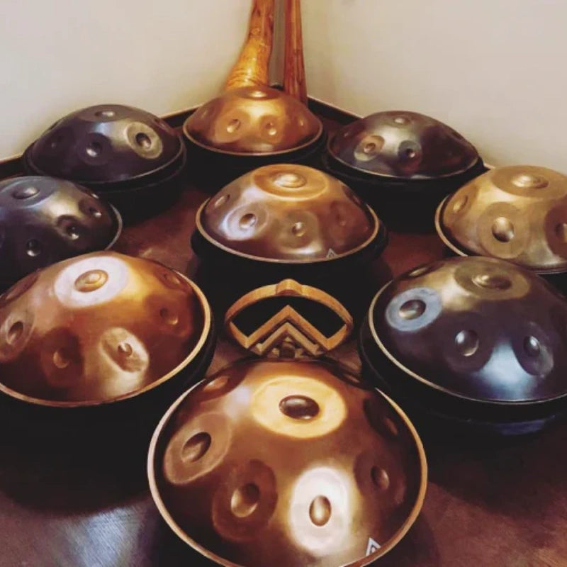 Handpan instruments in a range of hues