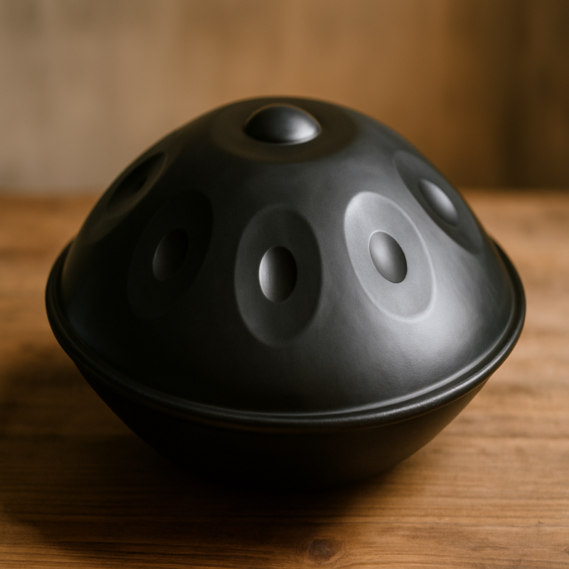 Close-up of black handpan drum highlighting its tone fields, smooth steel surface, and precision craftsmanship