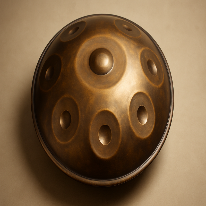Bronze-colored handpan drum with 9 tone fields on a neutral background, ideal for meditation and sound healing