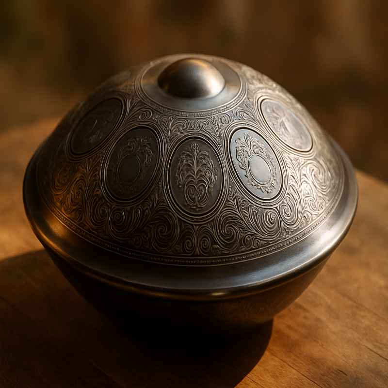 lose-up of bronze handpan drum showing detailed tone fields and polished metallic texture