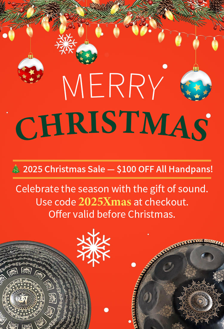 Christmas sale advertisement with festive decorations and handpan instruments on a red background.