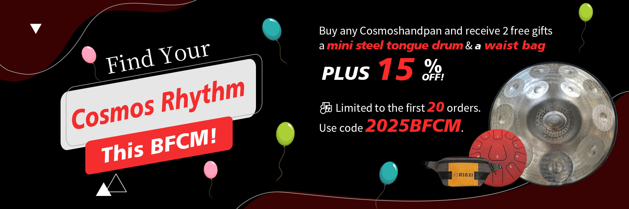 Promotional banner for Cosmos Rhythm with a drum and promotional text on a black background