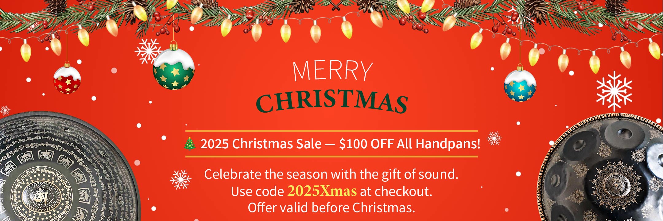 Red Christmas sale banner with handpan instruments and festive decorations.
