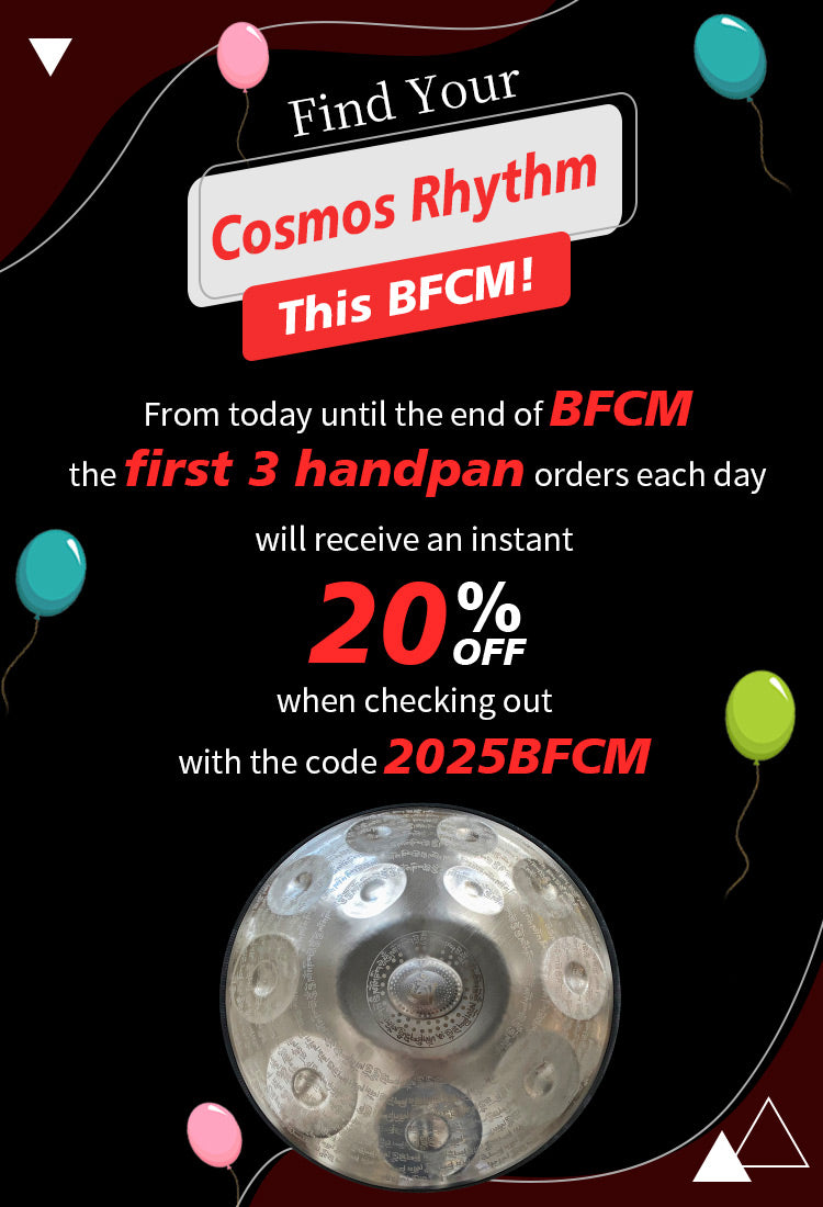 Promotional advertisement for a handpan sale with balloons and text on a dark background