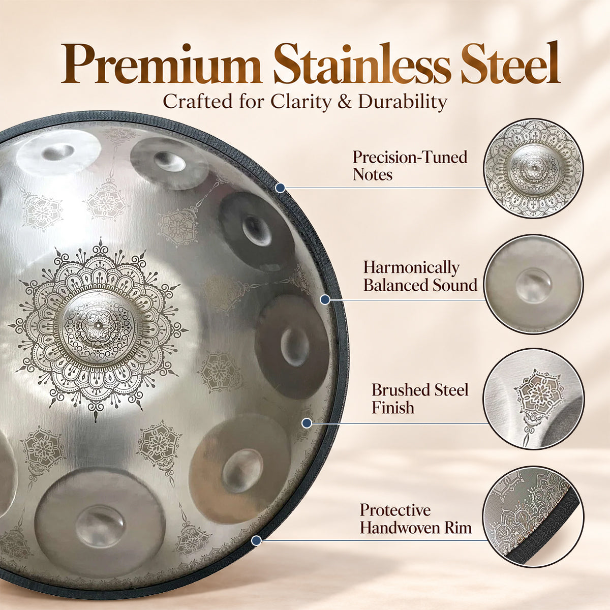 Handpan drum with a luxurious Silver finish and detailed floral engravings