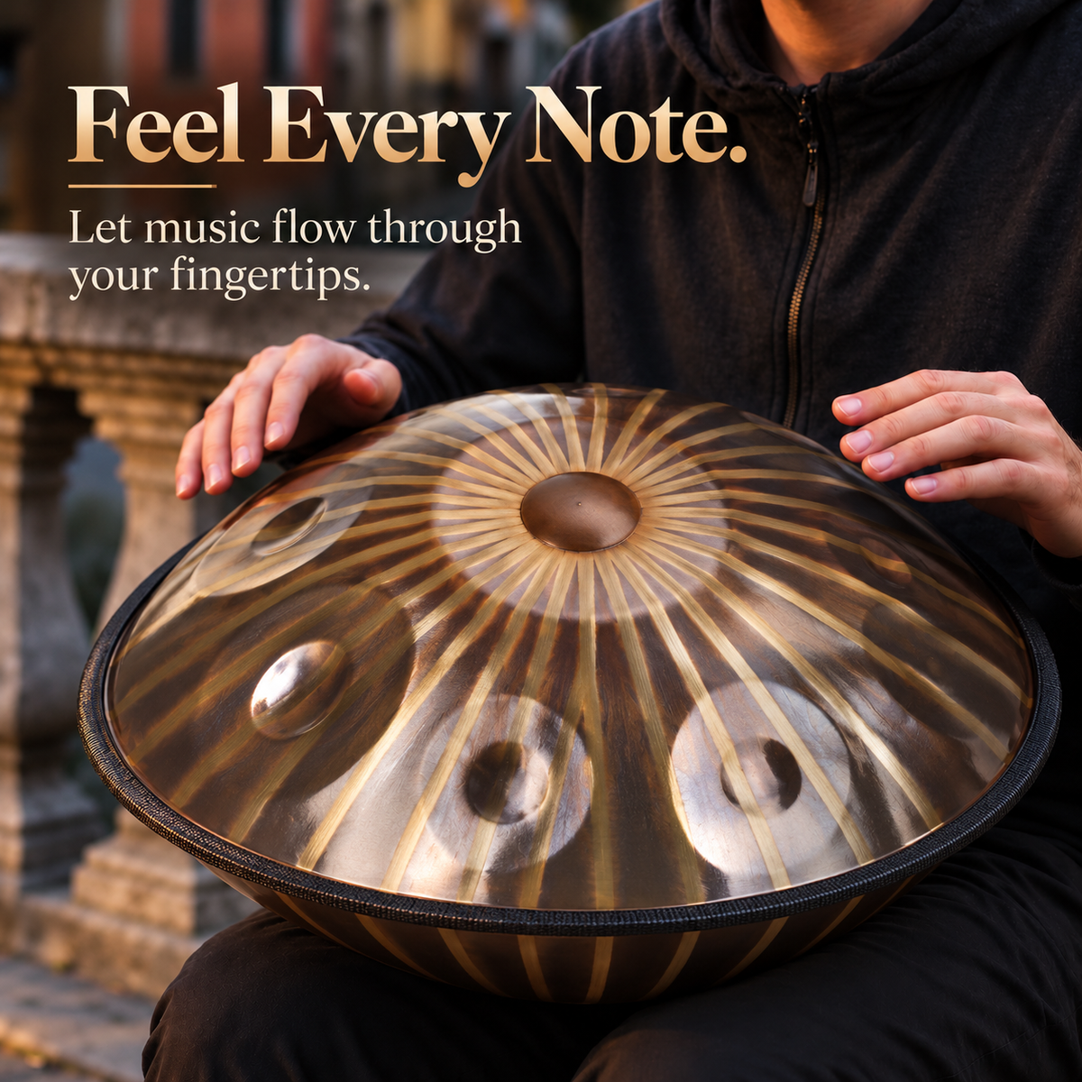 Handpan instrument in stunning Gold color, accented by sun totem patterns