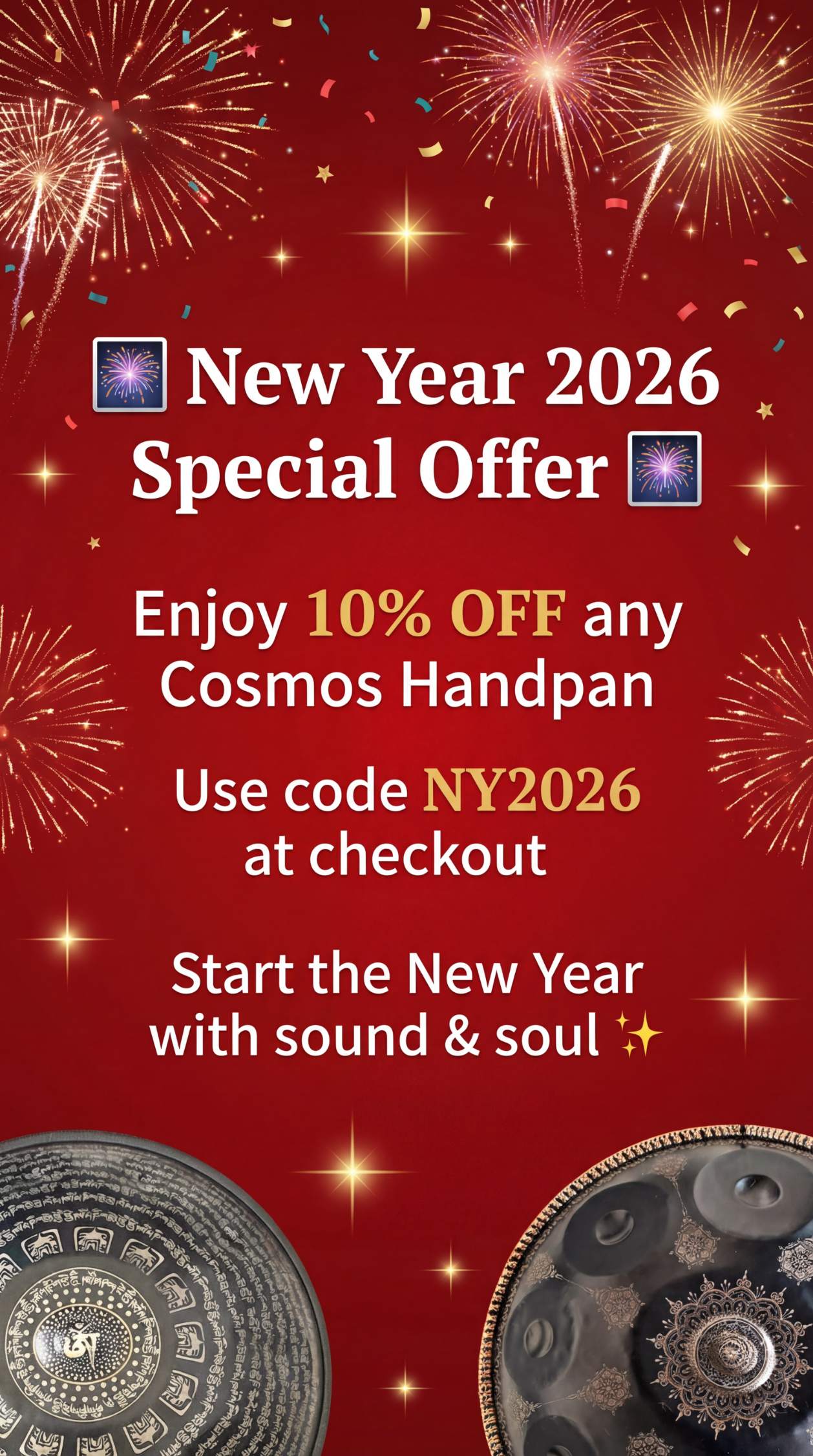 Promotional flyer for New Year 2026 special offer on Cosmos Handpan with fireworks and text.