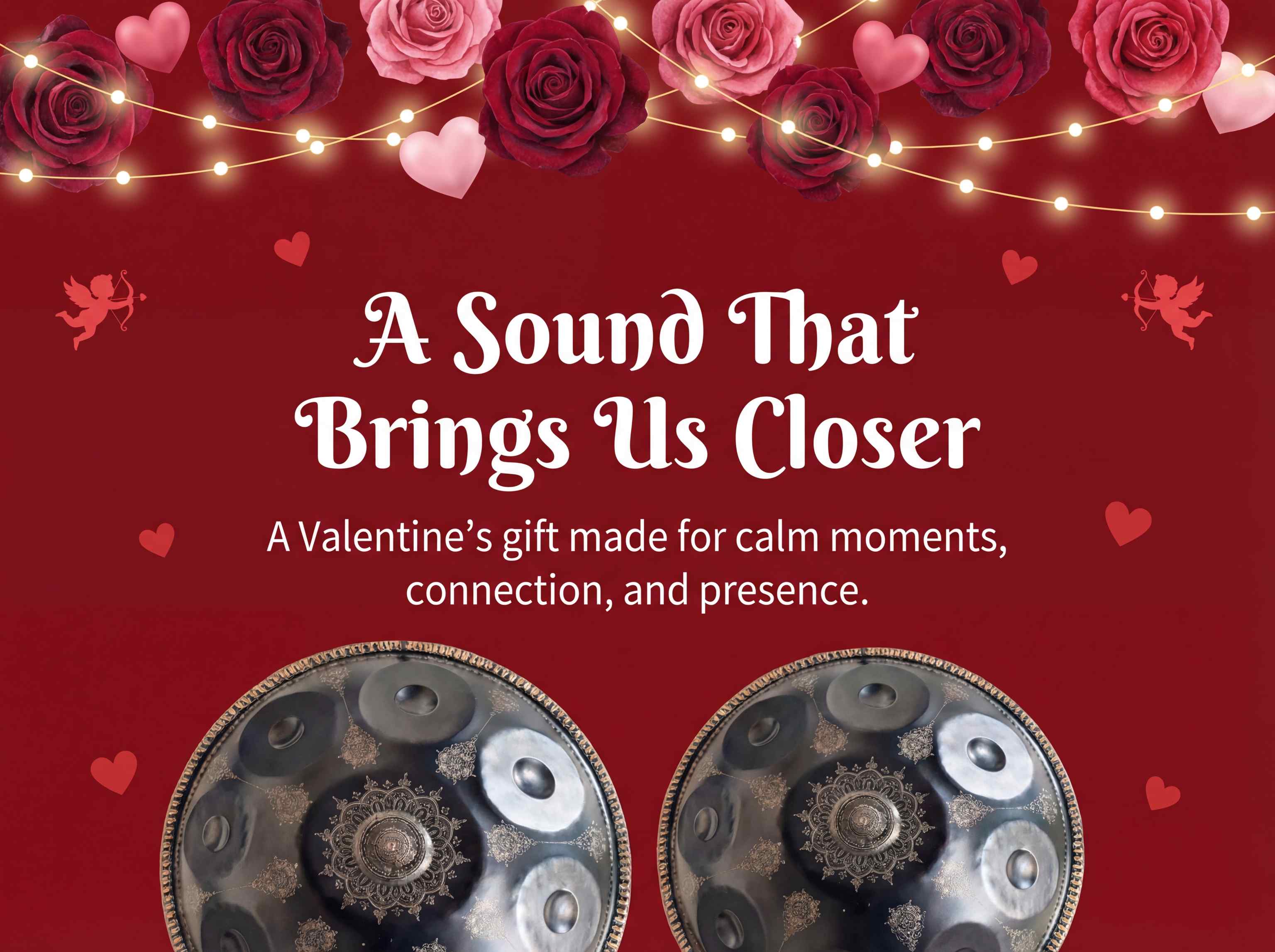 Valentine's Day card with roses, string lights, and a sound instrument on a red background.