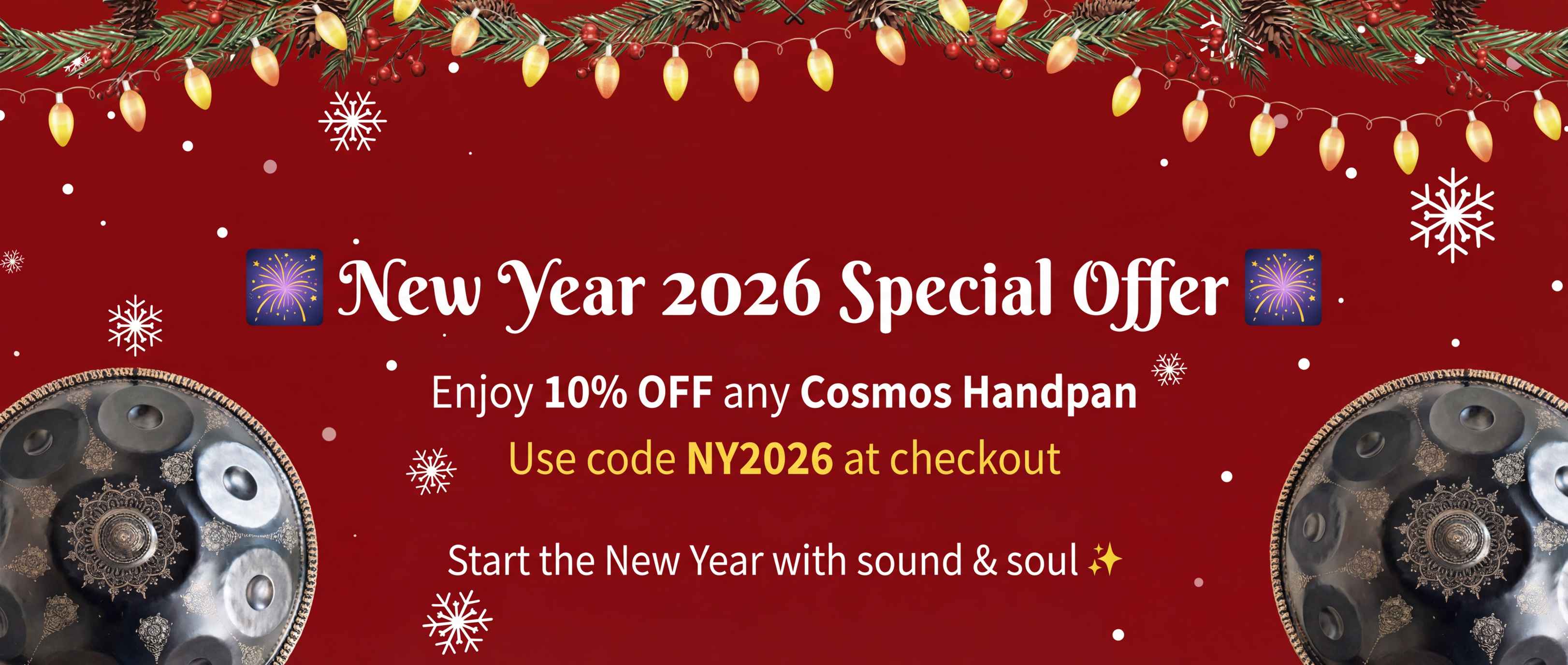 Red promotional banner for New Year 2026 Special Offer with cosmos handpan and festive decorations.